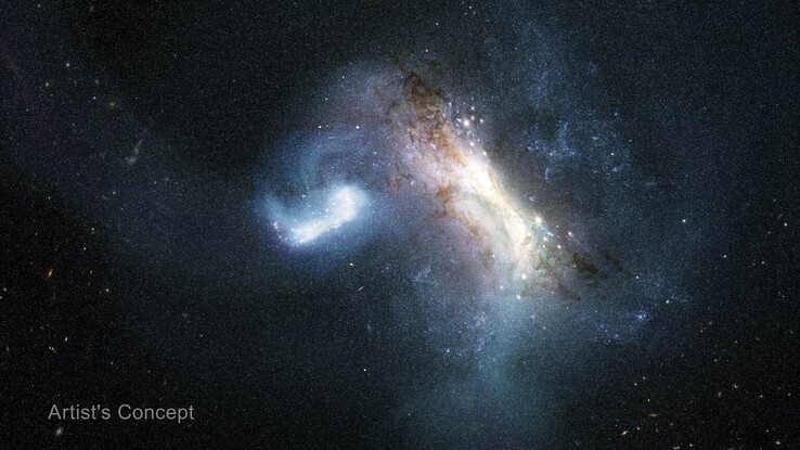 En konstnärsillustration som visar sammansmältningen av två galaxer.