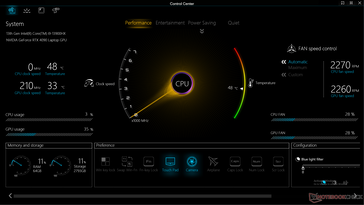 Startskärmen för Control Center. Observera de fyra ströminställningarna: Prestanda, Underhållning, Energisparande och Tyst