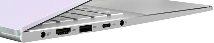 Vänster: Nätadapter, HDMI, 1x USB 3.2 Gen 1 Typ A, 1x USB 3.2 Gen 1 Typ C, 3.5 mm hörlursanslutning