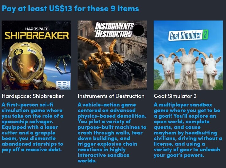 Spelaffischer och beskrivningar. Om du betalar $13 får du alla 9 spelen (Bildkälla: Humble Bundle)