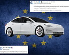 Tesla med EU-flagga och kommentarer från X i bakgrunden