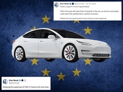 Tesla med EU-flagga och kommentarer från X i bakgrunden