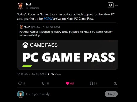 Tez2 GTA 5 PC Game Pass rykte X inlägg (Bildkälla: skärmdump, Tez2 X-konto)