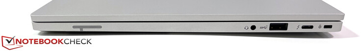 Höger: 3.5 mm Stereo, USB-A (3.2 Gen.2), USB-C (Thunderbolt 4, DisplayPort Alt 1.4, Laddning), Kensington NanoSaver