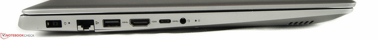 Vänster sida: Nätanslutning, RJ45 Ethernet, 1 x USB 3.0 Typ A, HDMI, USB 3.0 Typ C, 3.5 mm ljud, status-LED