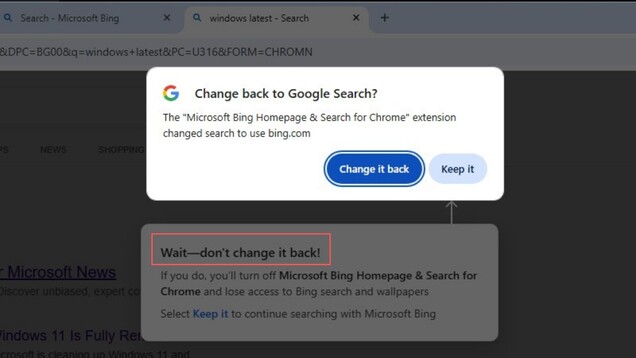 Chrome föreslår att man byter tillbaka till Google Sök, medan Microsofts tillägg uppmanar användarna att hålla sig till Bing.
