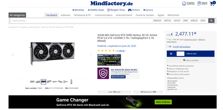 MSI RTX 5090 Ventus 3X OC:s aktuella pris (Bildkälla: Mindfactory)