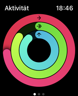 Tre aktivitetsringar för rörelser (röd), träning (grön) och stående (blå).