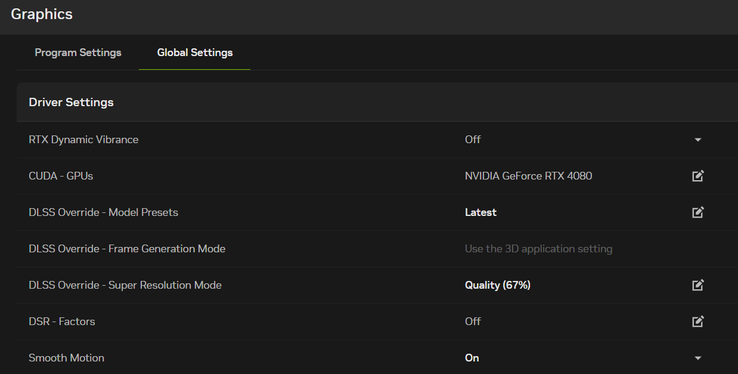 Möjlig inställning för de globala inställningarna för DLSS och Smooth Motion (redaktörens personliga Nvidia-app)