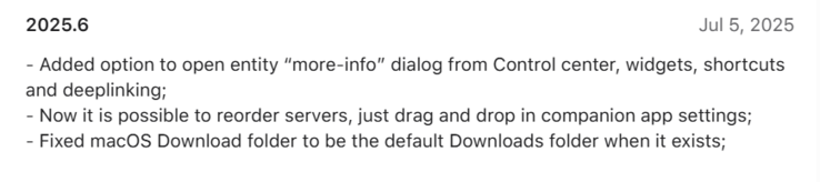 Release notes för Home Assistant-appen version 2025.6. (Bildkälla: Apple App Store)
