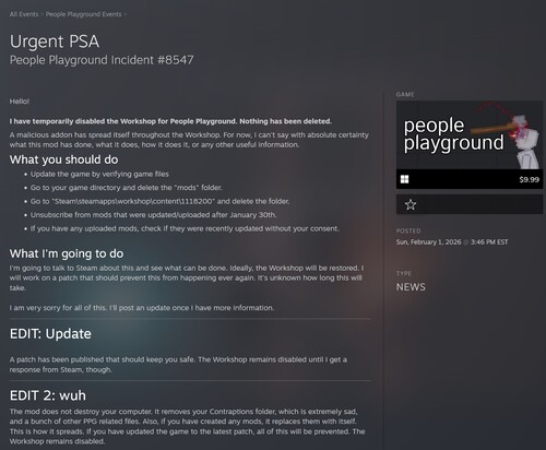 Uppdatering av utvecklare om People Playground mod med virus