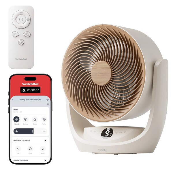SwitchBot Battery Circulator Fan 2 Pro har en fjärrkontroll, knappar på själva enheten och stöd för Matter.