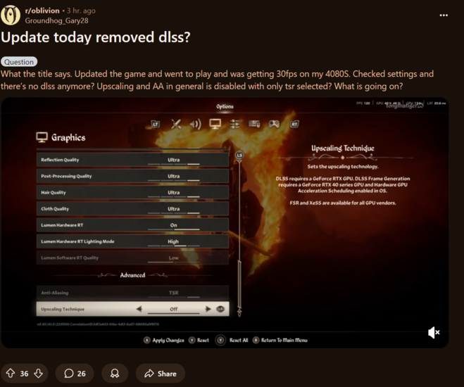The Elder Scrolls IV: Oblivion Remastered DLSS saknas Reddit-inlägg (Bildkälla: skärmdump, Oblivion subreddit)