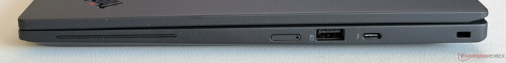 Höger sida: Nano-SIM-kortplats, USB-A 3.2 Gen.2 (5 Gbps, strömförsörjning), USB-C 4.0 med Thunderbolt 4 (40 Gbps, DisplayPort 2.1, Power Delivery), Kensington Nano-säkerhetslås