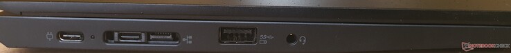 Vänster: 2x USB-C 3.2 Gen2/dockingport (10 GBit/s), USB-A 3.2 Gen1 (5 GBit/s), kombinerad ljudport