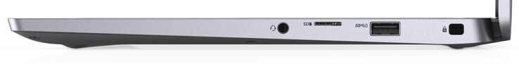 Höger sida: kombinerad anslutning för hörlurar och mikrofon, minneskortsläsare (MicroSD), USB 3.2 Gen 1 (Typ A), plats för kabellås