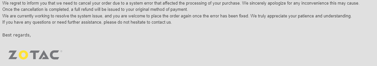 E-postmeddelande som skickats till kunder av ZOTAC. (Bildkälla: Reddit)