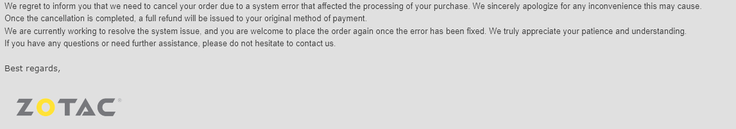 E-postmeddelande som skickats till kunder av ZOTAC. (Bildkälla: Reddit) 
