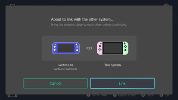 Steg 2 i länkningen av Nintendo Switch-konsoler för delning av virtuella spelkort: Den här skärmen, med rubriken "På väg att länka till det andra systemet...", instruerar användaren att föra Nintendo Switch-konsolerna nära varandra innan han trycker på "Link"-knappen.