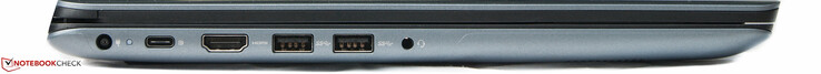 Vänster sida: Nätadapter, 1 x USB Typ C-port, 1 x HDMI-port, 2 x USB Typ A-portar, 3.5 mm ljudanslutning