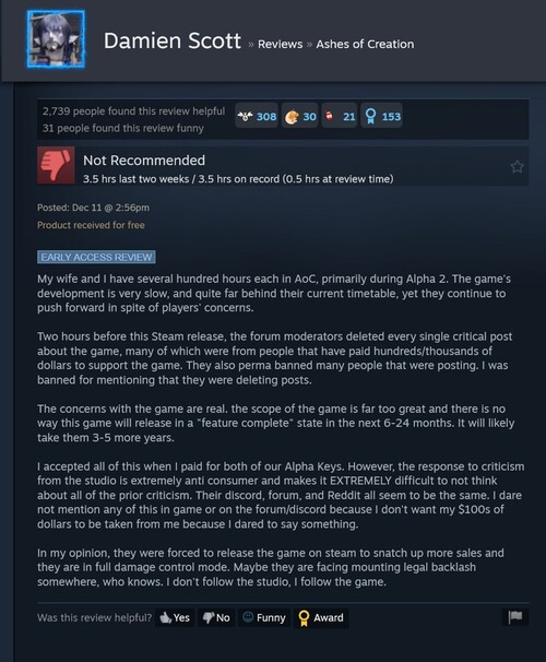 Ashes of Creation Steam-recension med censurkrav (Bildkälla: skärmdump, Steam)