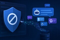 Illustration av en annonsblockerare som i hemlighet spelar in meddelanden från AI-chattar