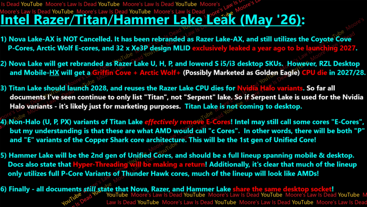 Intel Razer Lake Razer Lake AX Titan Lake och Hammer Lake CPU-arkitekturdetaljer.