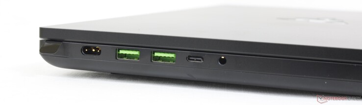 Vänster: AC-adapter, 2x USB-A 3.2 Gen. 2, USB-C 3.2 Gen. 2 med DisplayPort + Power Delivery, 3,5 mm headset