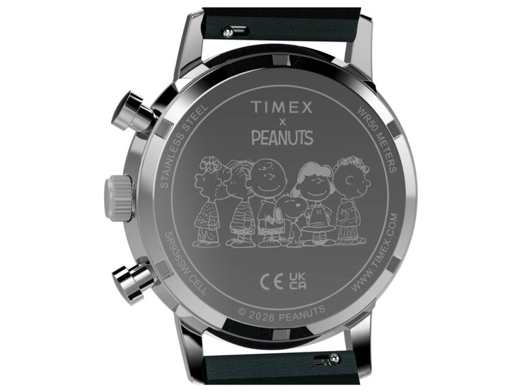 Bakifrånbild av Timex Peanuts x Marlin Chronograph som visar den graverade Peanuts-baksidan