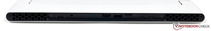 Bakåt: USB-C 3.2 Gen.2 (15W Power Delivery, DisplayPort 1.4), 3,5 mm stereokontakt, HDMI 2.1 (HDCP 2.3), USB-A 3.2 Gen.1, microSD (5.2 UHS-II), 2x USB-C med Thunderbolt 4 (15W Power Delivery, DisplayPort 1.4)