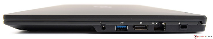 Right-hand side: 3.5 mm jack, x1 USB 3.0 Type-A, DisplayPort, Ethernet, Kensington Lock