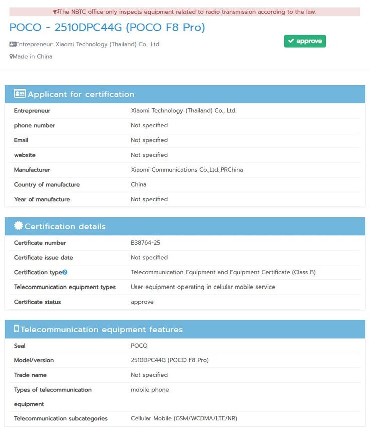 Poco F8 Pro får NBTC-certifiering i Thailand. (Bildkälla: NBTC)