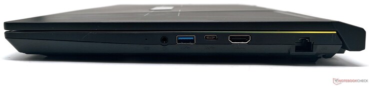Höger: 3,5 mm ljuduttag, USB 3.2 Gen1 Type-A, USB 3.2 Gen1 Type-C, HDMI-utgång, Gigabit Ethernet
