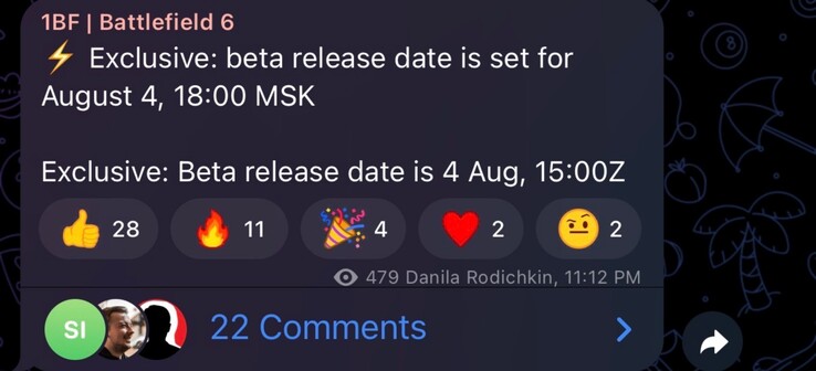 Battlefield 6 öppen beta starttidsläcka (Bildkälla: GamingLeaksandRumours subreddit, 1BF Telegram-kanal)