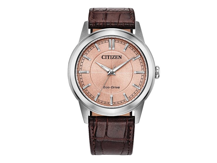 Modellen Citizen Rolan AW2110-14Z har en laxrosa urtavla, boett i rostfritt stål och ett brunt läderarmband.