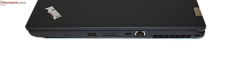 Höger: kombinerad ljudanslutning, USB 3.0 typ A, SD-kortläsare, USB 3.1 Gen 1 typ C, RJ45-Ethernet, Kensington-lås