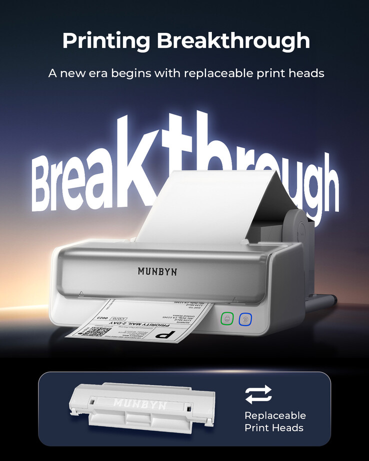 Munbyns termiska etikettskrivare RW405B har ett utbytbart skrivhuvud (Bildkälla: Munbyn)