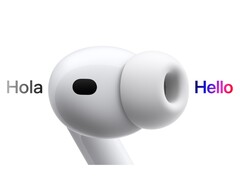 Konstnärlig framställning av AirPods Pro 3 som översätter spanska till engelska. (Bildkälla: Apple)
