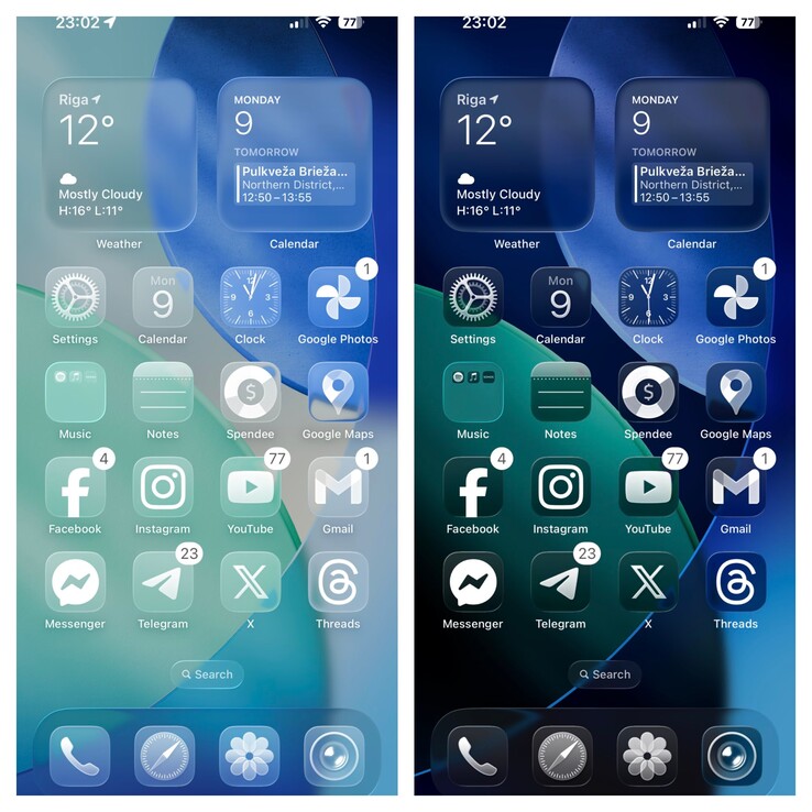 iOS 26 Clear Light vs Clear Dark-läge. (Bildkälla: Ben Geskin på X)
