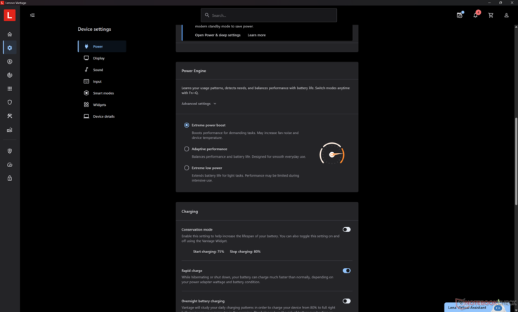 De tre Lenovo Power-profilerna är tillgängliga via Lenovo Vantage. De korrelerar också med de tre standardströmsprofilerna i Windows