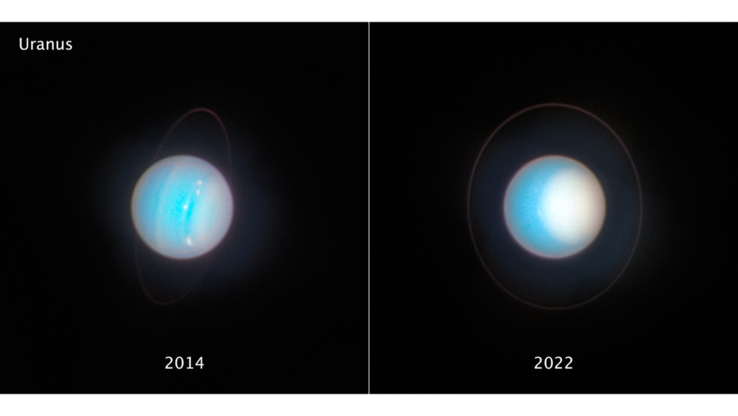 Sida vid sida-bilder av Uranus tagna med åtta års mellanrum med rymdteleskopet Hubble (Bildkälla: NASA, ESA, STScI, m.fl.)