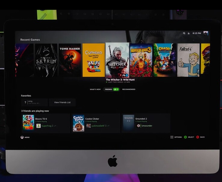 SteamOS körs på en iMac 2019 och visar ett gränssnitt för spelbibliotek med titlar som The Witcher 3, Cuphead, Fallout 4 och Skyrim. (Bildkälla: ETA PRIME på YouTube)