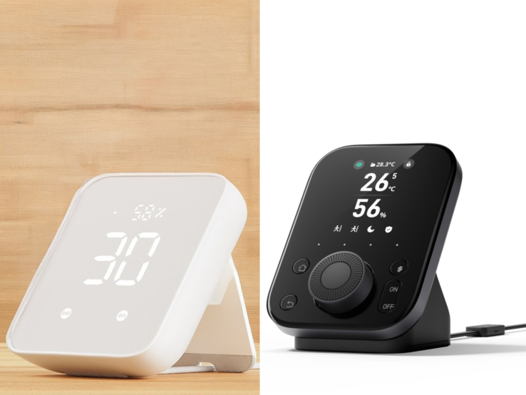 SwitchBot Hub 3 (bilden till höger) är en helsvart uppgradering av 2:a generationens SwitchBot Hub (bilden till vänster) med en bättre display, en ratt och fyra knappar. (Bildkälla: SwitchBot)