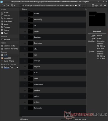 Du har även tillgång till filerna för specifika appar, till exempel RetroArch. 