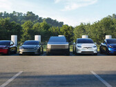 Model Y, Cybertruck, Model 3 och Model S/X uppradade vid en Supercharger-station. (Bildkälla: Tesla)