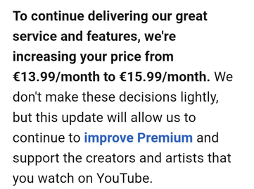 E-post om prisökning för YouTube Premium-abonnemang för enskilda användare
