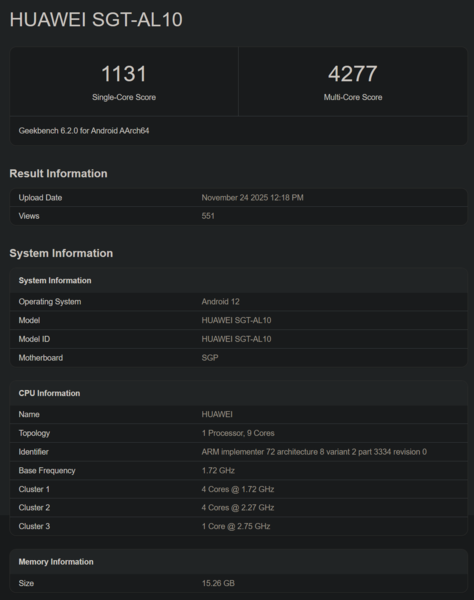 Kirin 9030 Geekbench-debut (bildkälla: Geekbench)