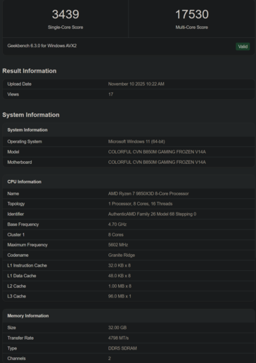 Ryzen 7 9850X3D Geekbench-lista 2 (bildkälla: Geekbench)