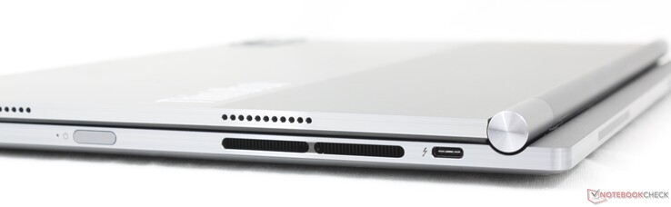 Höger (endast Windows laptop-läge): Av/på-knapp med fingeravtryck, USB-C 4.0 + Thunderbolt 4 med DisplayPort och Power Delivery
