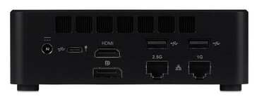 Vy bakifrån av iiyama mini-PC:n som visar HDMI-, DisplayPort-, USB-, Ethernet- och strömportar